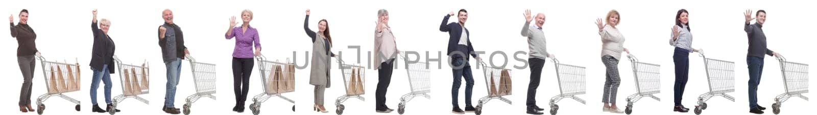 group of people with cart isolated on white background