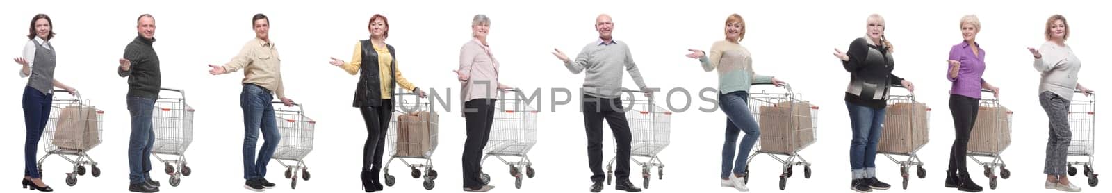 group of people with cart and outstretched hand thumbs up isolated on white background