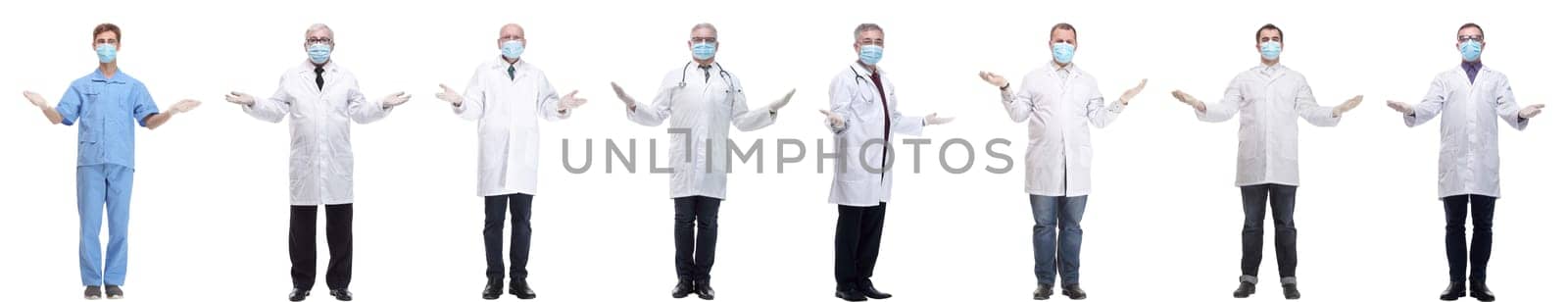 group of doctors in mask isolated on white background