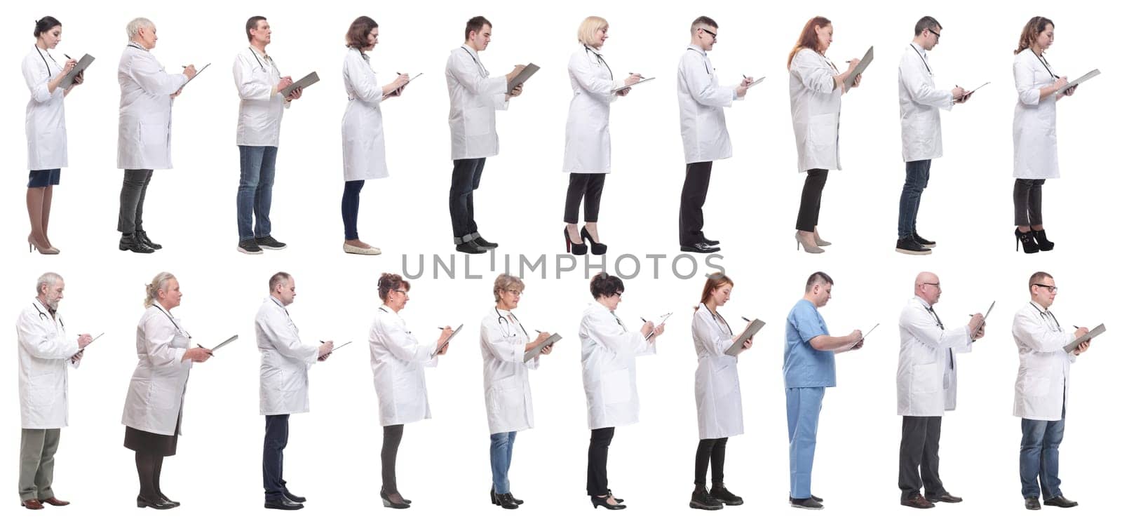 full length group of doctors with notepad isolated on white background