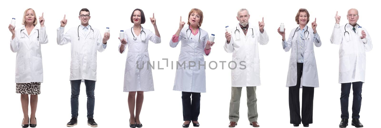 group of doctors holding jar isolated on white background