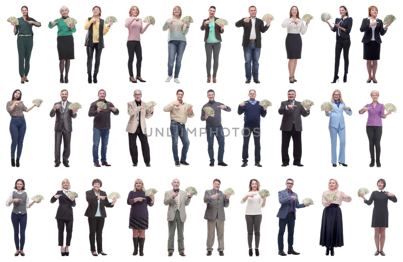 group of successful business people with money isolated on white background