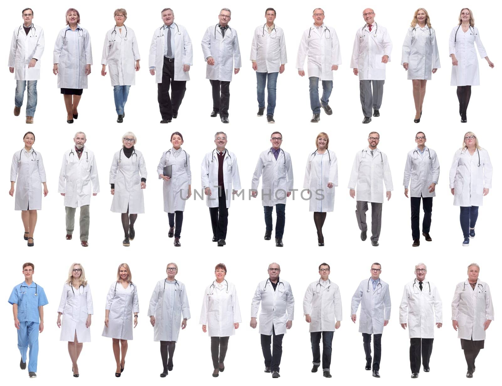 group of doctors in motion isolated on white background