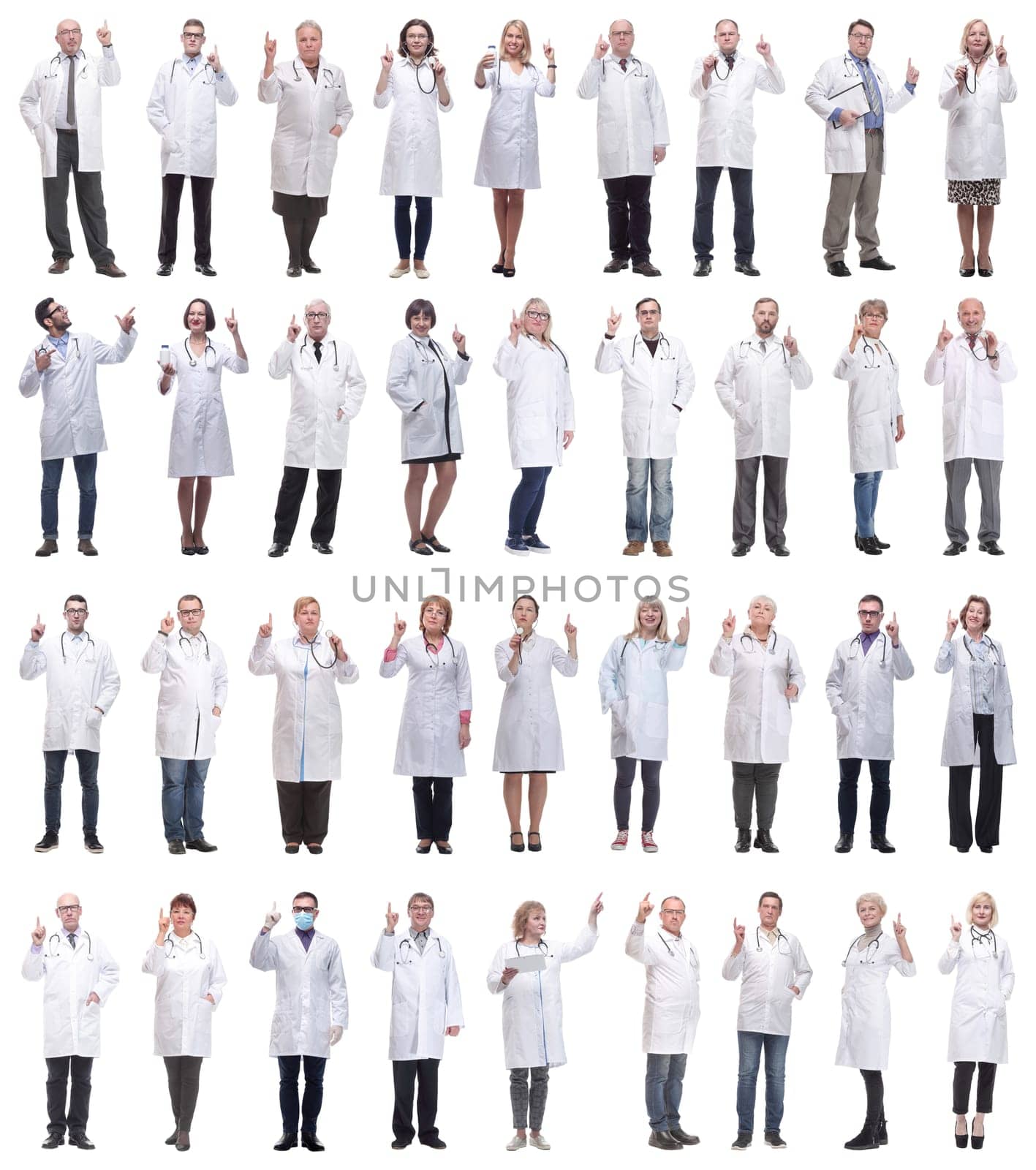 group of doctors in full length isolated on white background