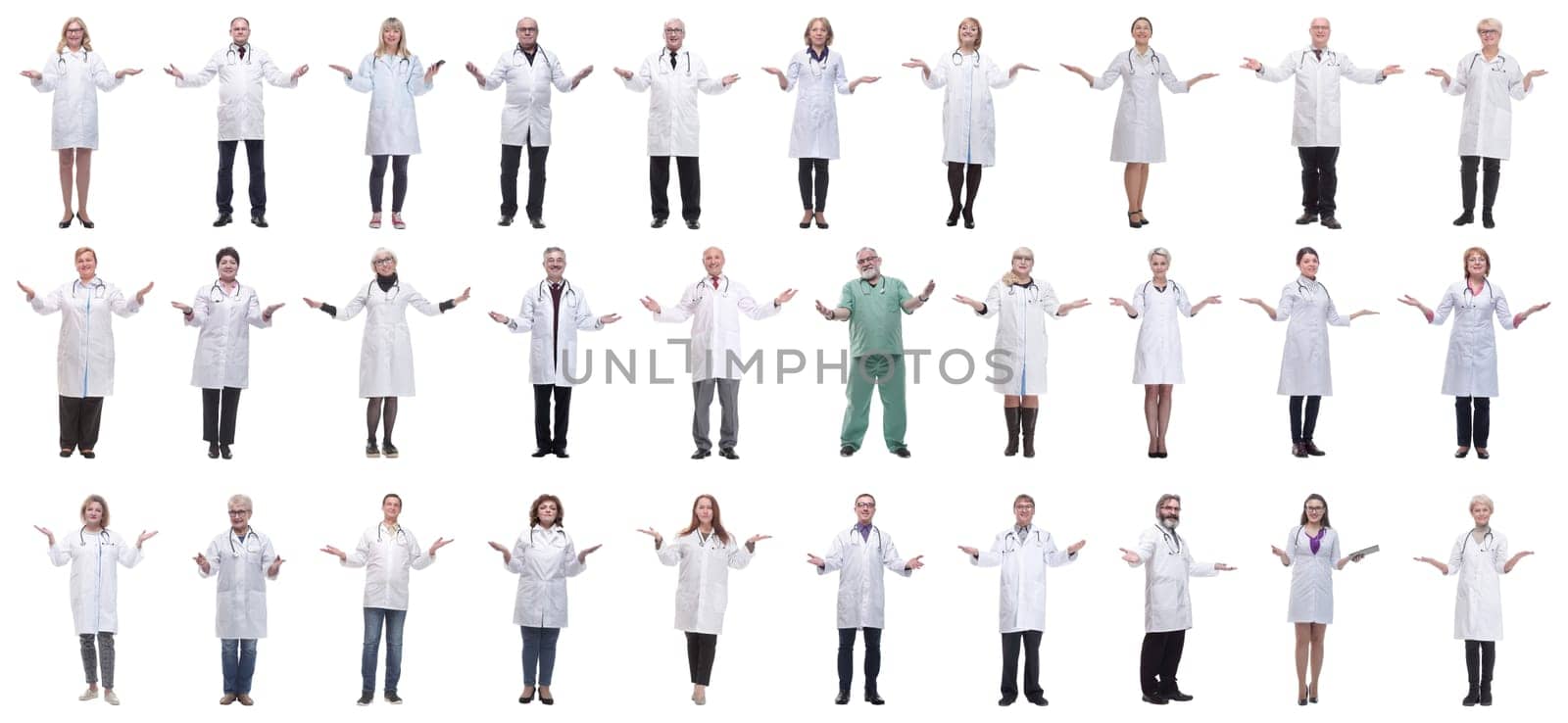 group of doctors in full length isolated on white background