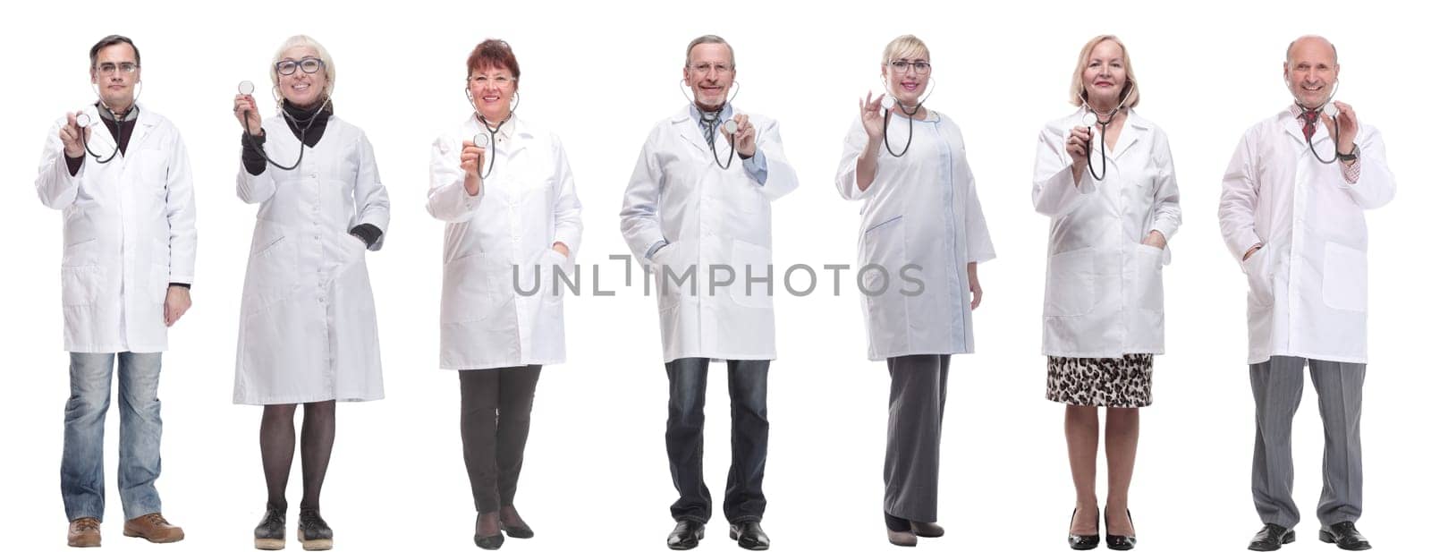 group of doctors holding stethoscope isolated on white background
