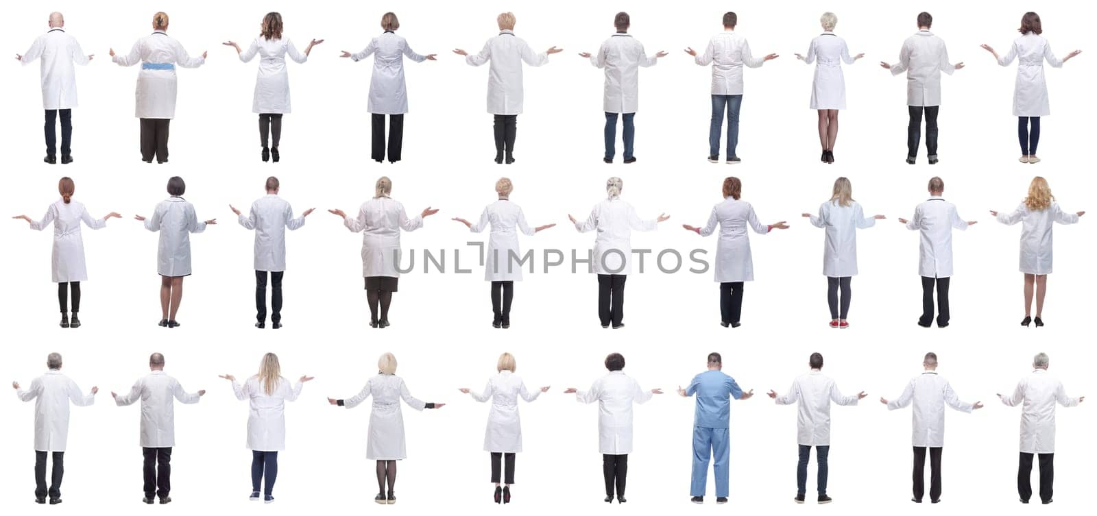 group of doctors standing with their backs isolated on white background