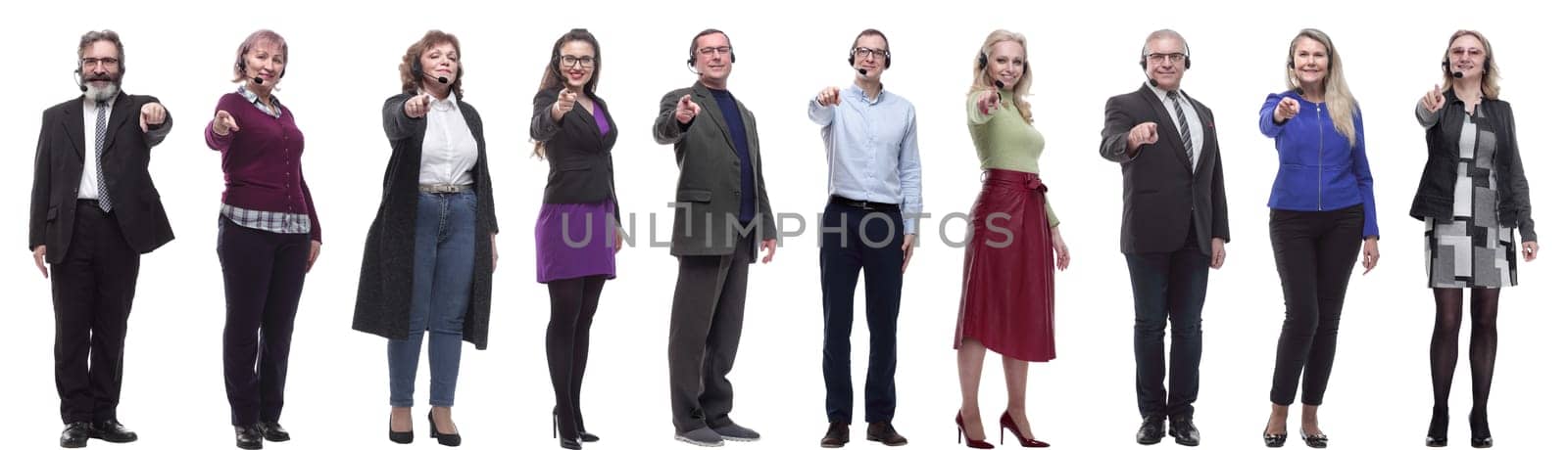 group of business people with microphone isolated on white background