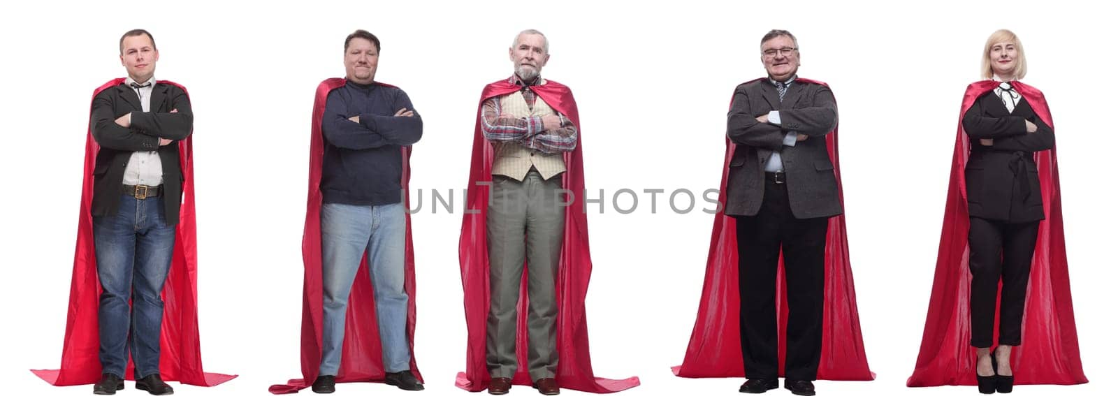 group of people in red raincoat isolated on white background