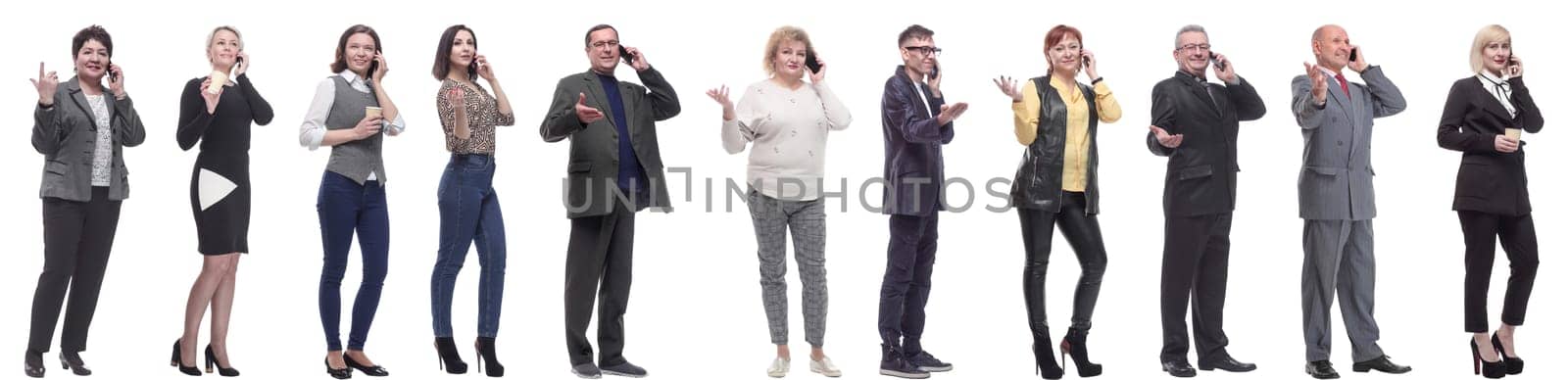 group of people holding phone in hand isolated on white background