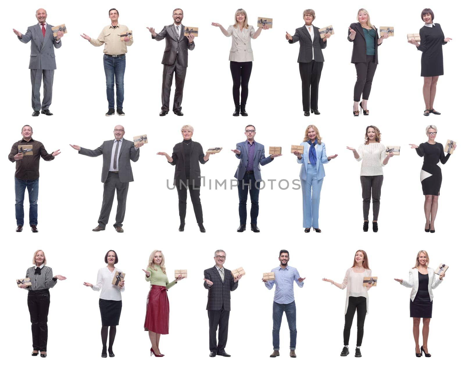 group of happy people with gifts in their hands isolated on white background