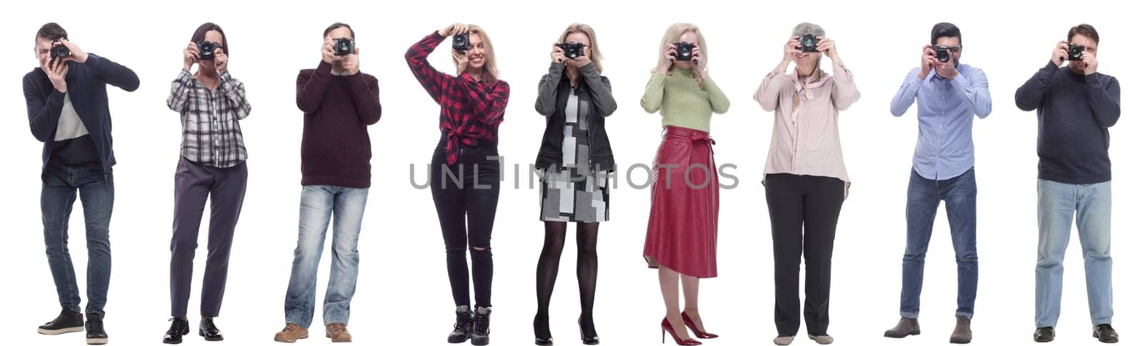 Many Double Twelve Group paparazzi photographers with cameras isolated on white collage