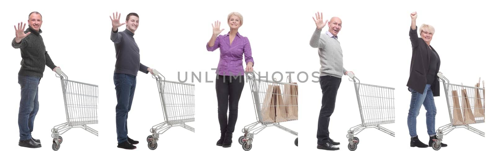group of people with cart isolated on white background