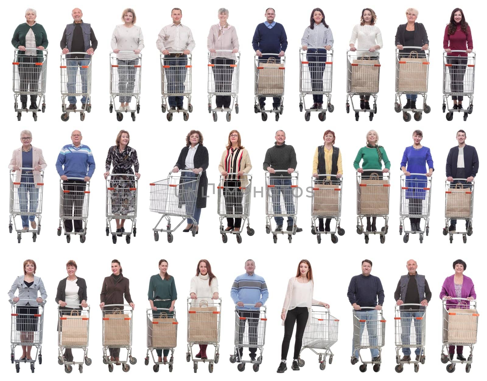 collage group of people with cart isolated on white background