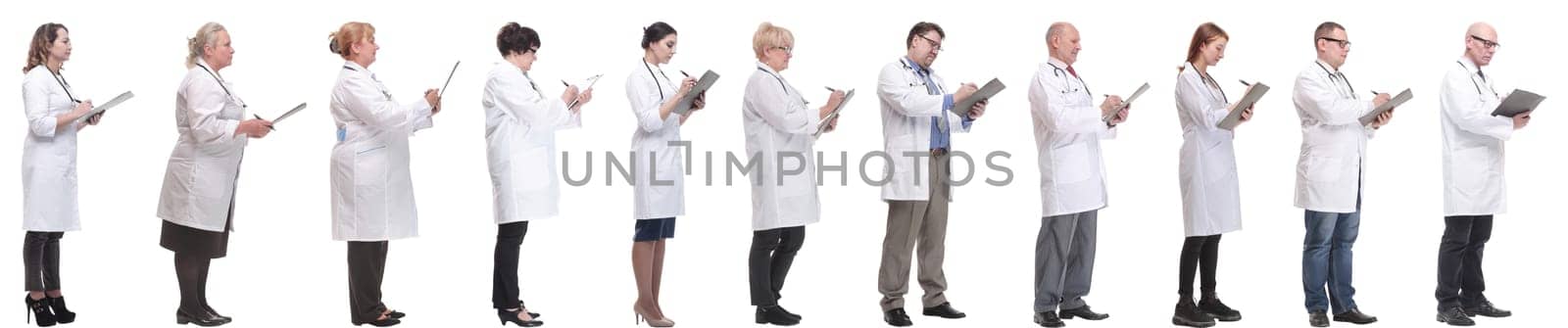 full length group of doctors with notepad isolated on white background