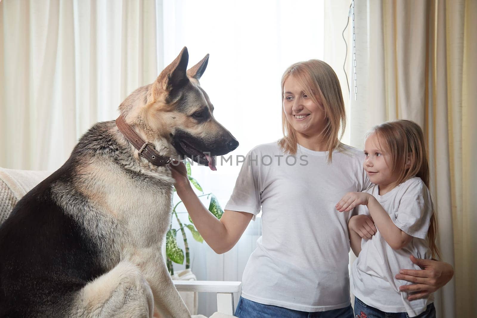 Happy loving family with mother, daughter and big dog in living room. Pet chephers, woman mom and small child girl who is afraid of a dog taken from shelter by keleny