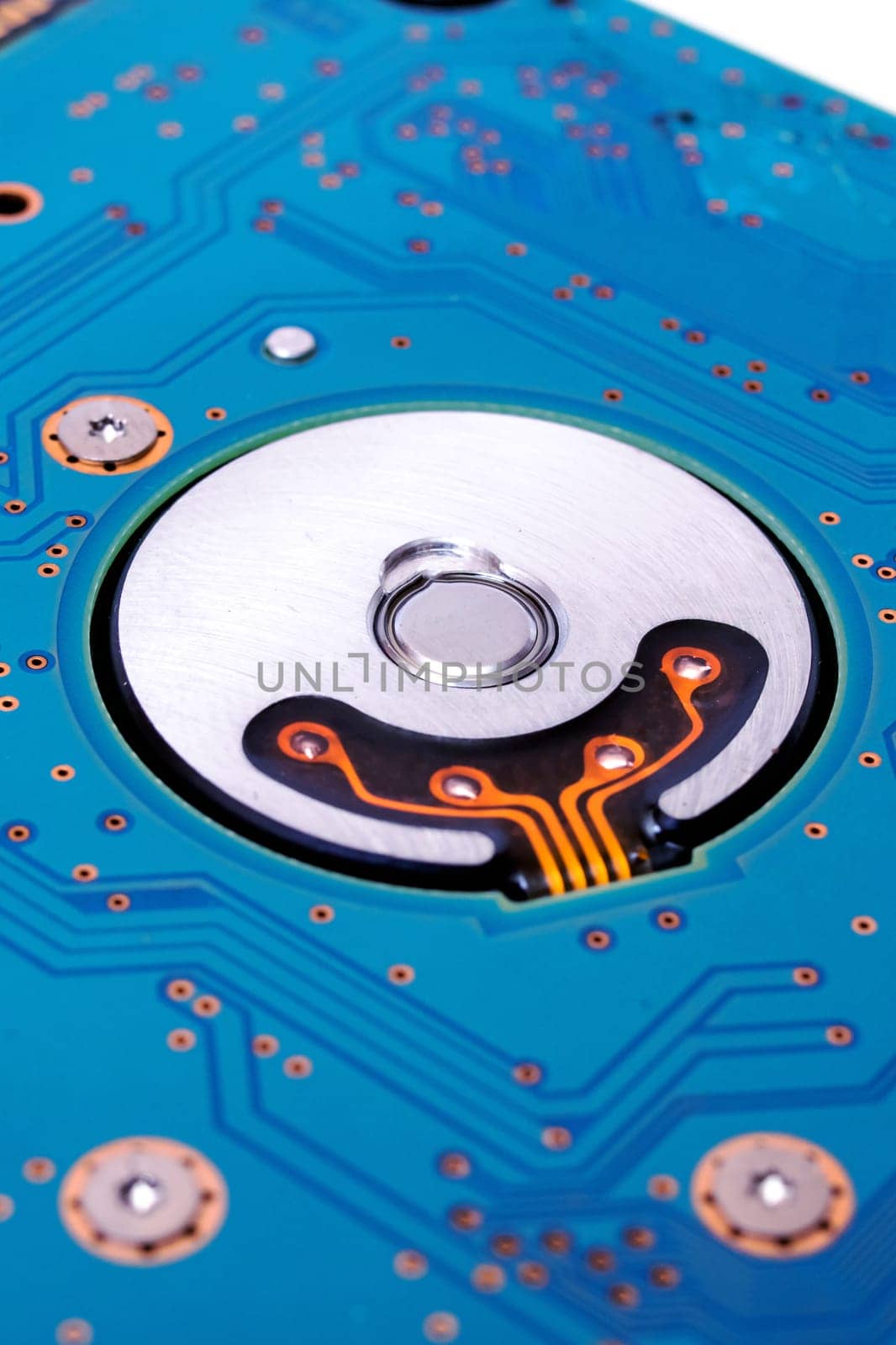 Board inside a computer hard drive close up