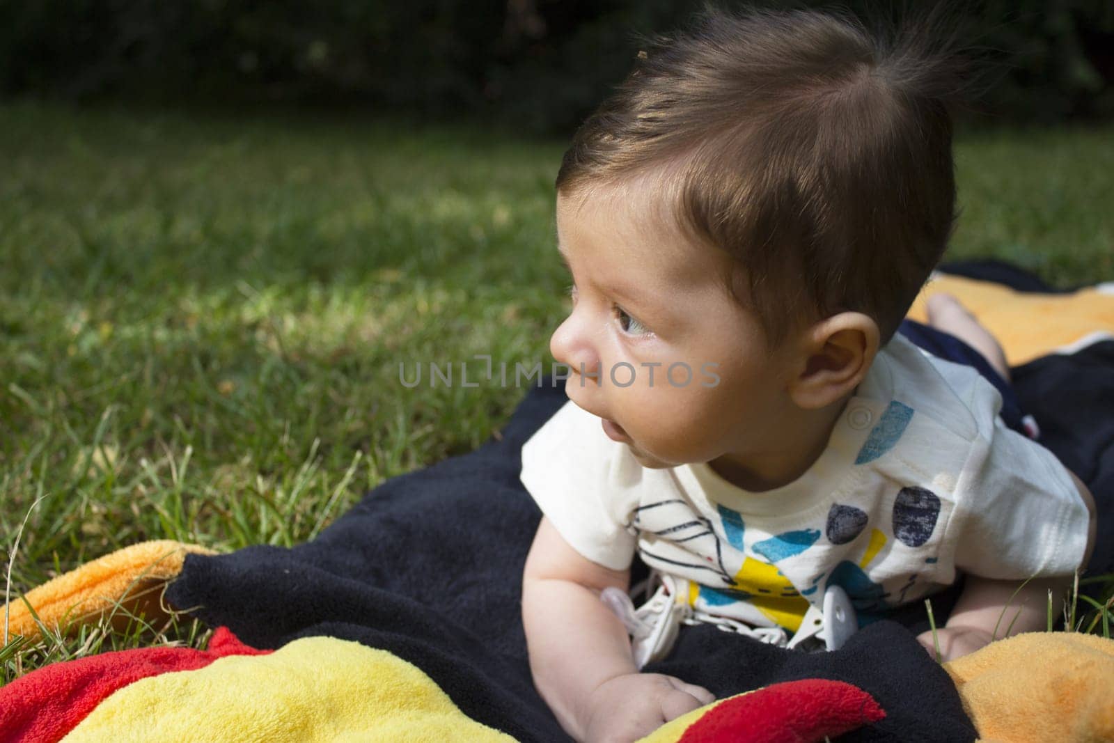 Two month old baby with head up on a towel