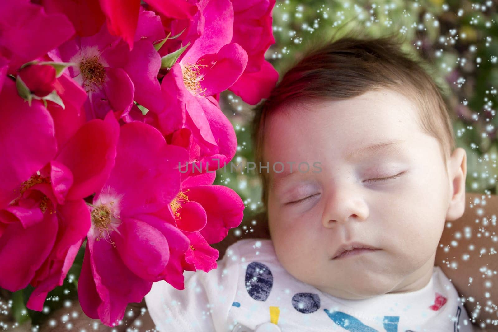 Sleeping baby surrounded by pink flowers. Spring time