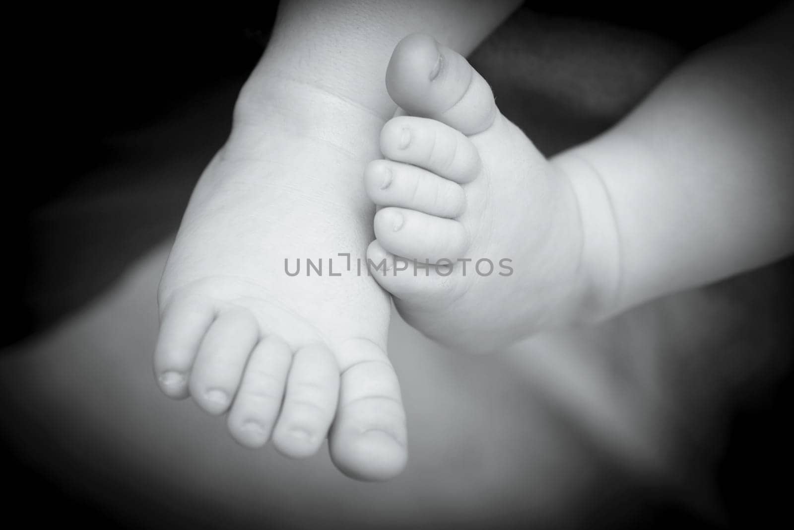 Two month old baby feet on black background. Sweet scene