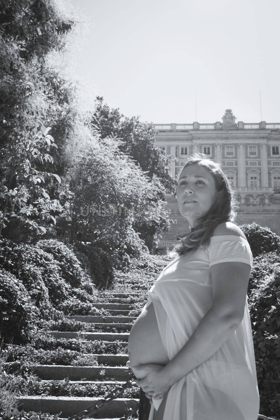 Pregnant woman with pink dress in a park. Sunny day