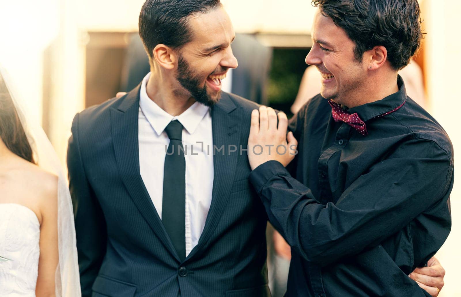 Wedding, groom and friends with a best man and male on a marriage day for a celebration event. Happy, laugh and tradition with a bridegroom and groomsman celebrating him getting married at a church by YuriArcurs
