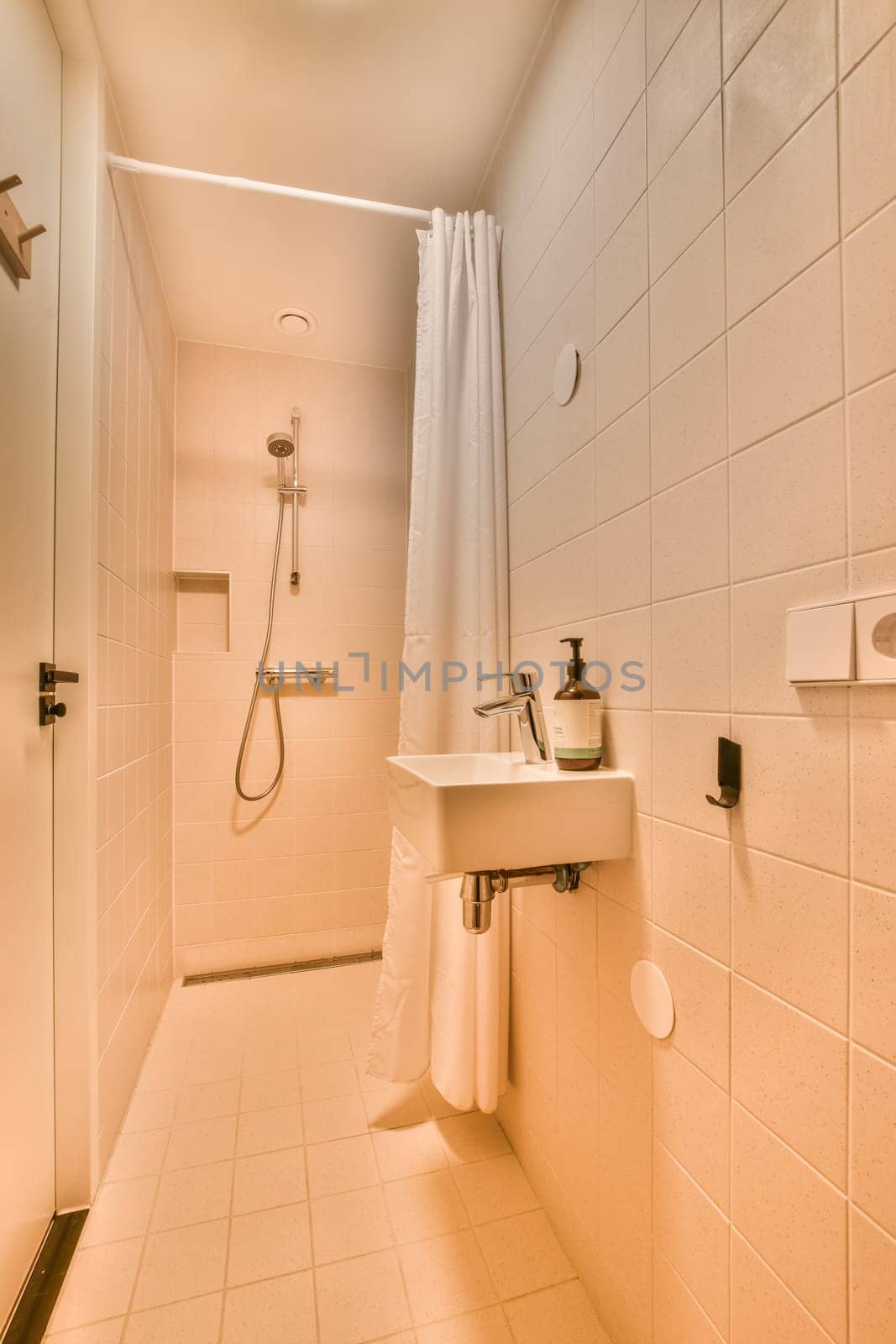 a bathroom with a sink, shower stall and toilet roll - in door on the left side of the room