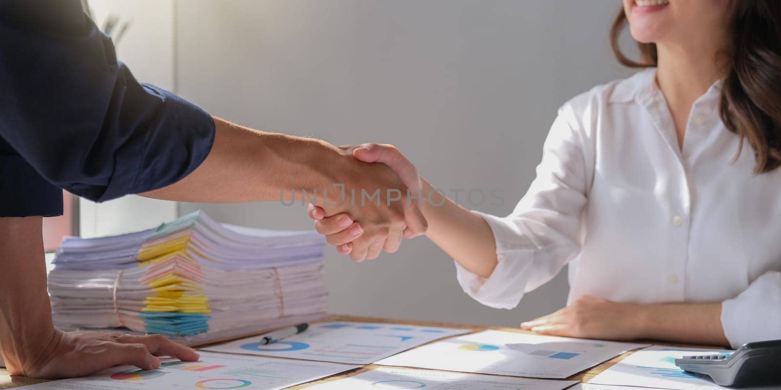 The business people shake hands after the meeting was successful and agreed upon.