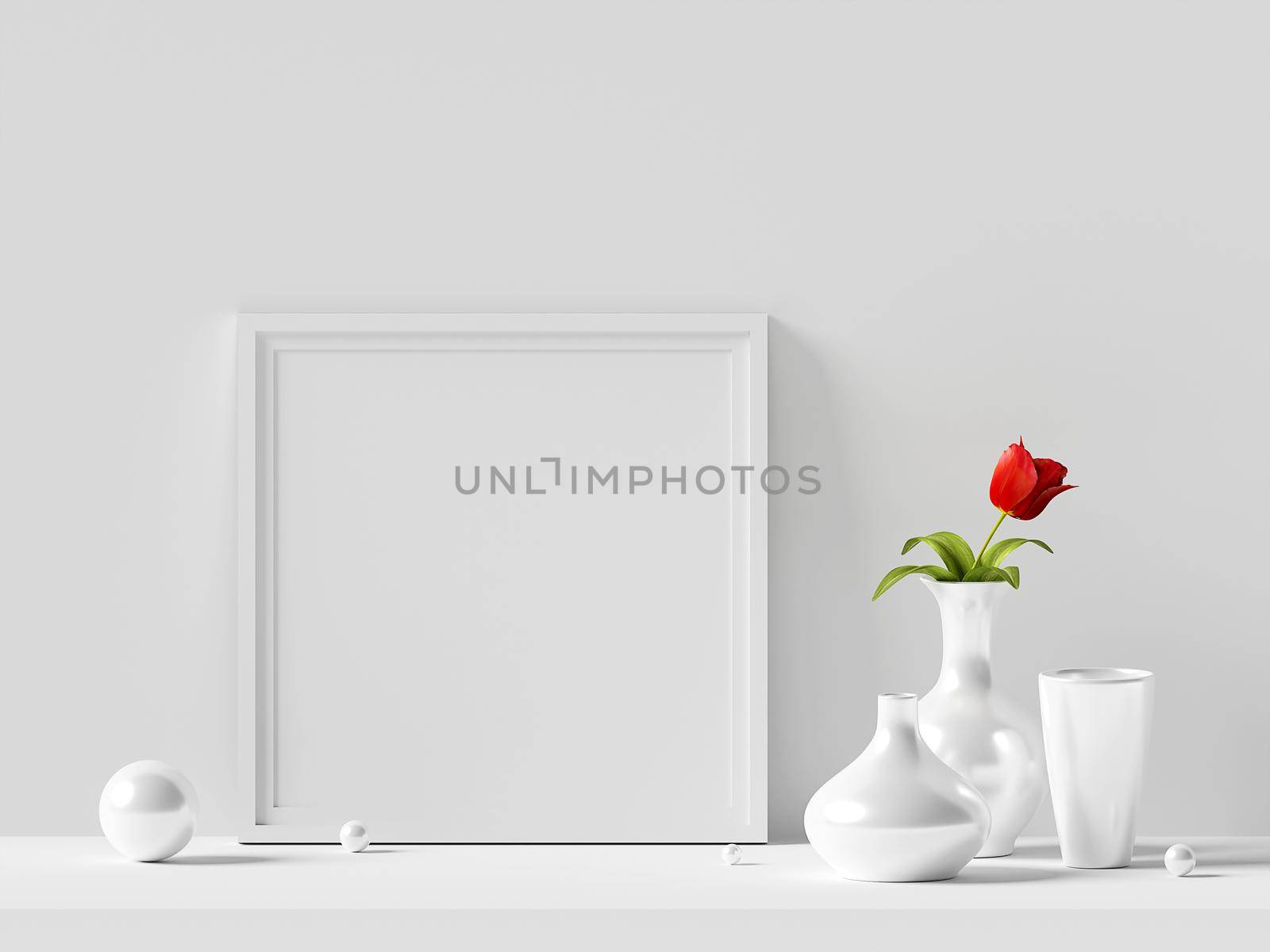 Minimal photo frame mockup with plant, 3d illustration