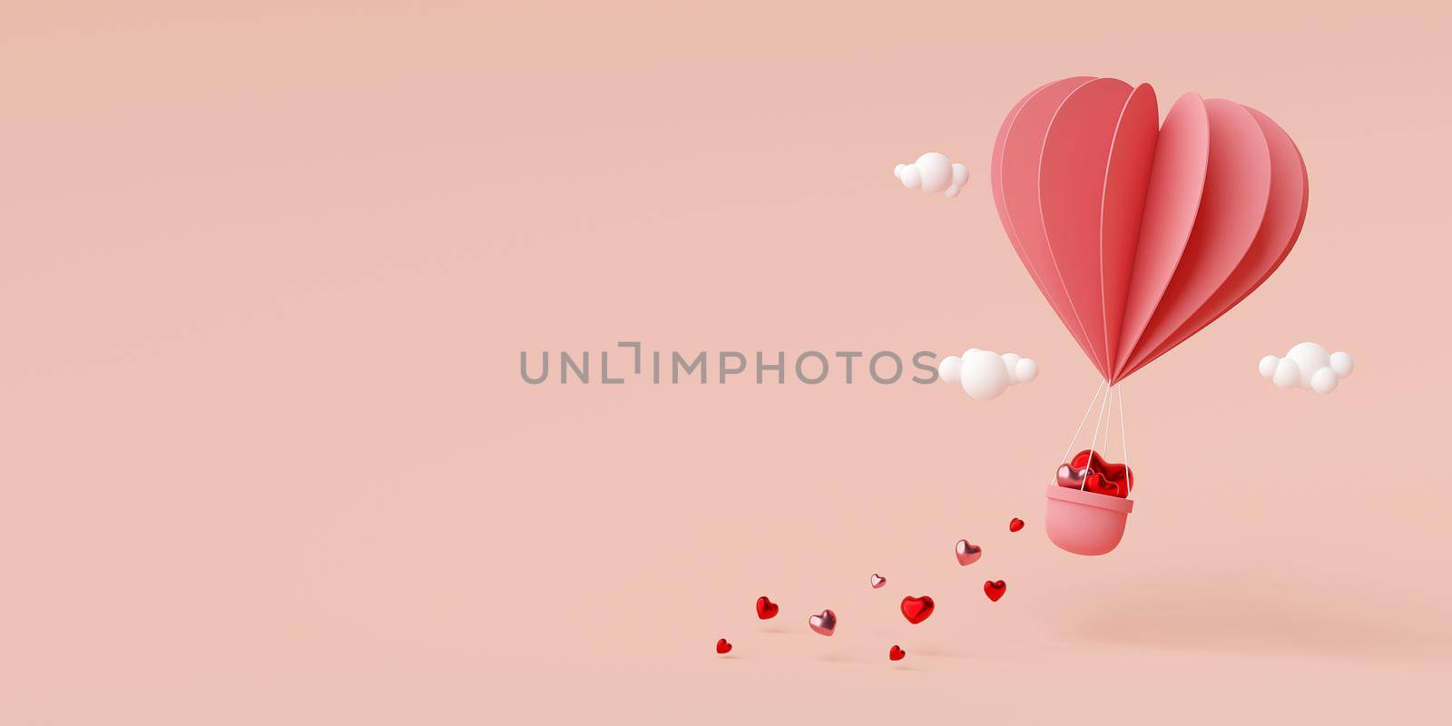 Valentine banner background of heart shape balloon in the air, 3d rendering by nutzchotwarut