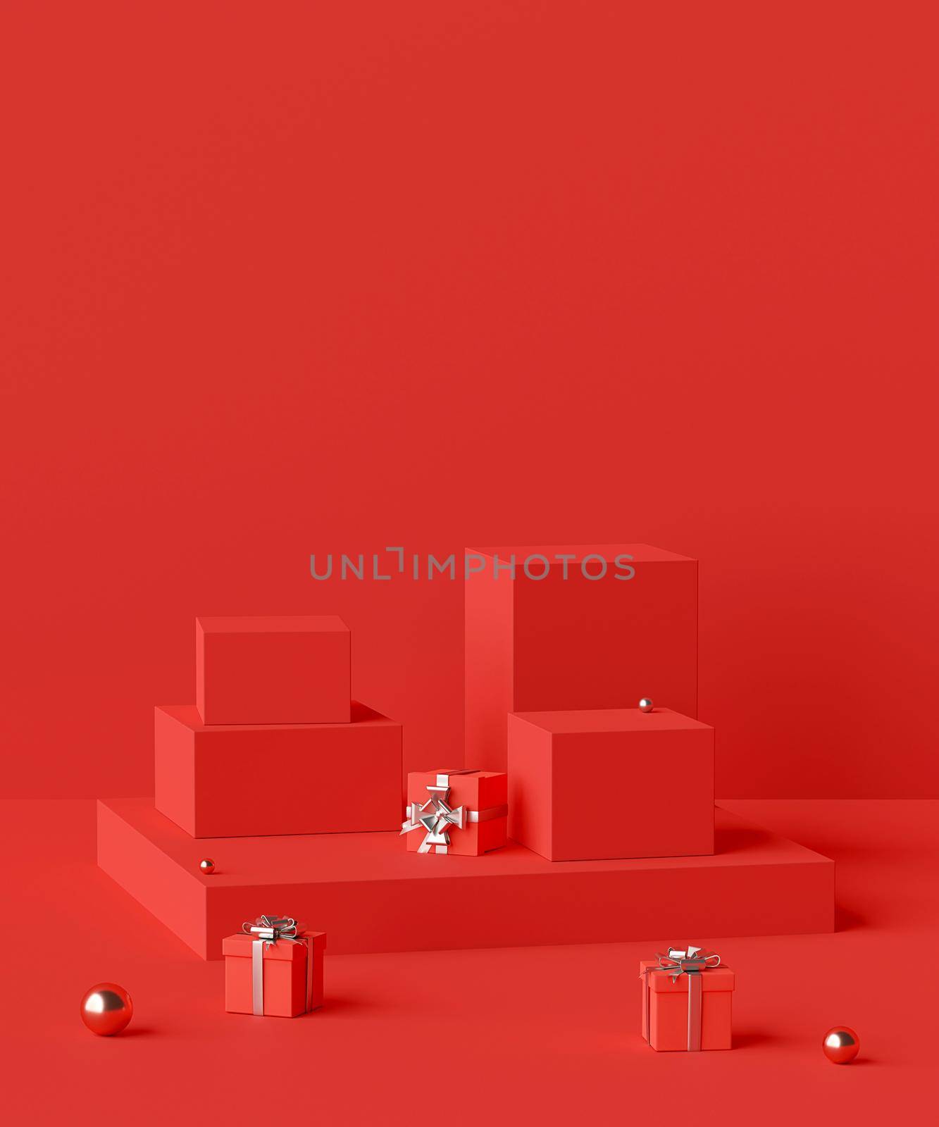 Scene of red color geometric shape podium with gifts for product advertisement, 3d rendering by nutzchotwarut