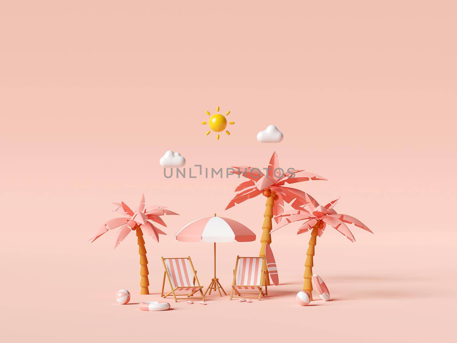 Summer vacation concept, Beach umbrella and beach accessories on pink background, 3d illustration by nutzchotwarut