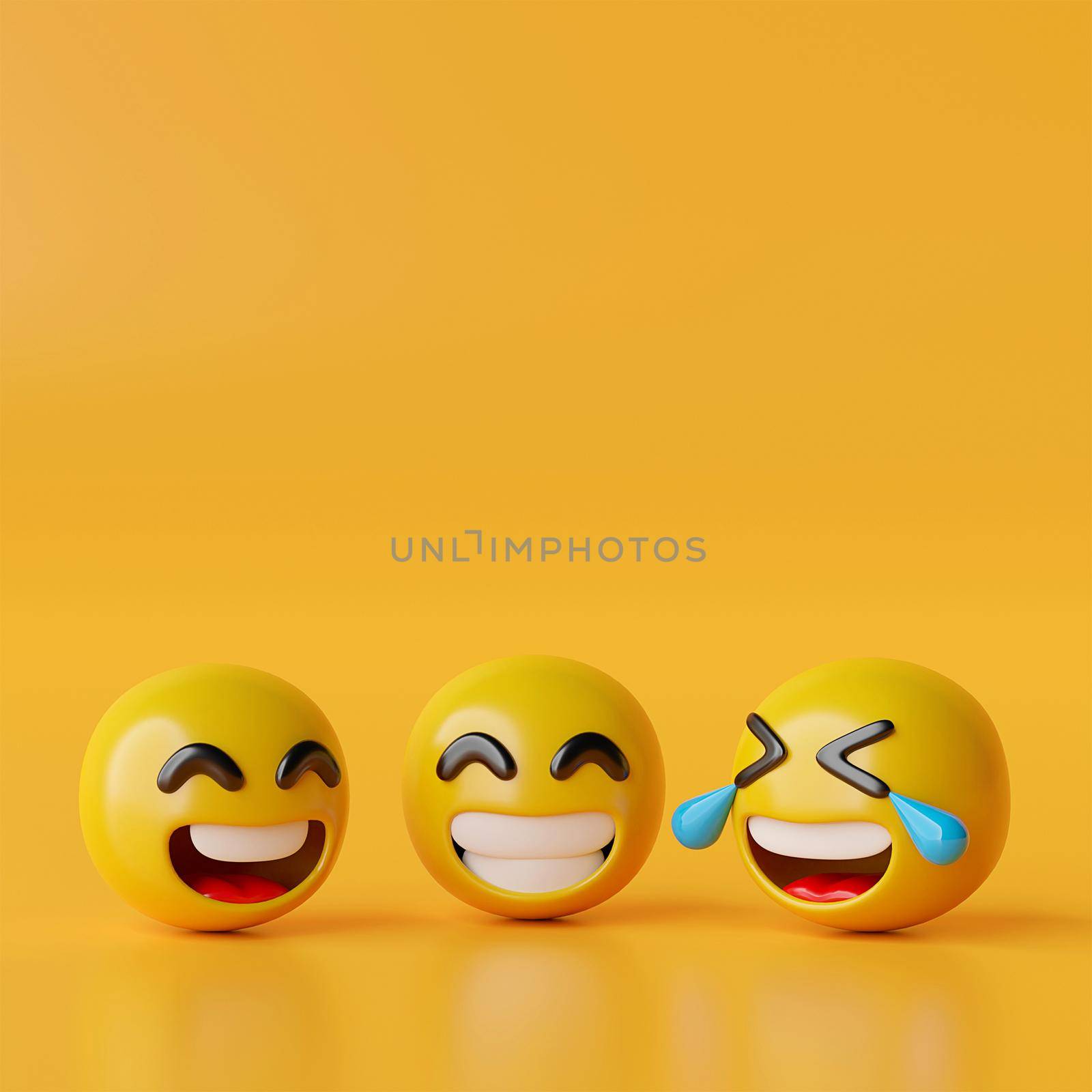 Happy emoji icons on yellow background, 3d illustration