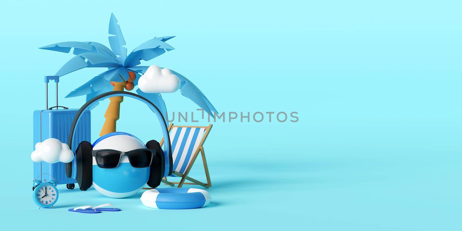 Summer vacation concept, Beach palm tree and travel accessories on blue background, 3d illustration by nutzchotwarut