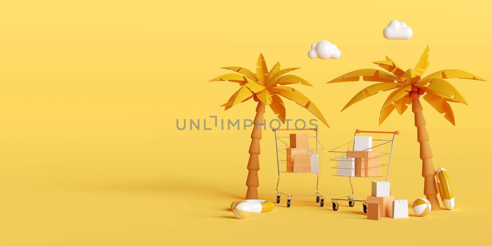 Summer sale banner, Shopping cart with palm tree and beach accessories on yellow background, 3d illustration by nutzchotwarut