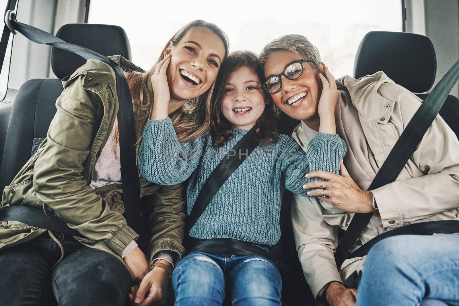 Road trip, family and travel with child, mother and grandma feeling happy, traveling together in back seat of car for fun. Women and girl kid using transportation and enjoy Australia journey.