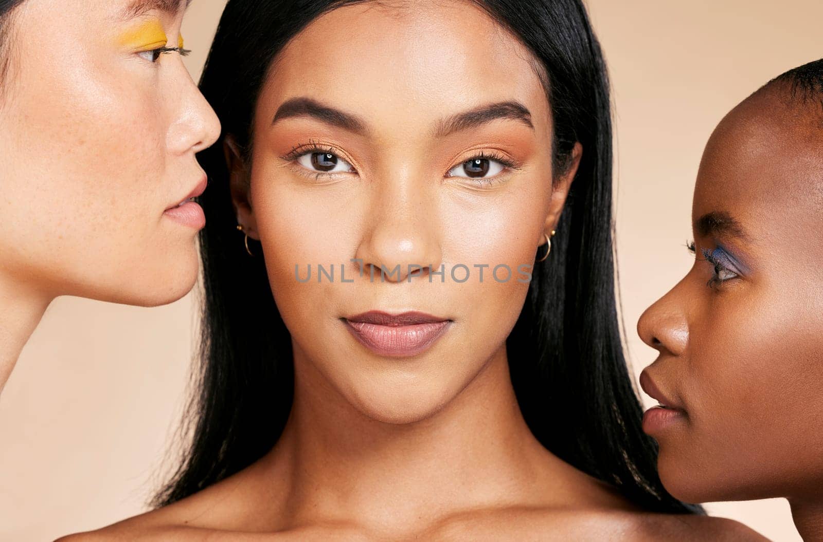 Women, studio portrait and beauty for diversity, makeup or healthy cosmetic glow on skin by beige background. Happy asian model, black woman or beauty for natural aesthetic or cosmetics for self love.