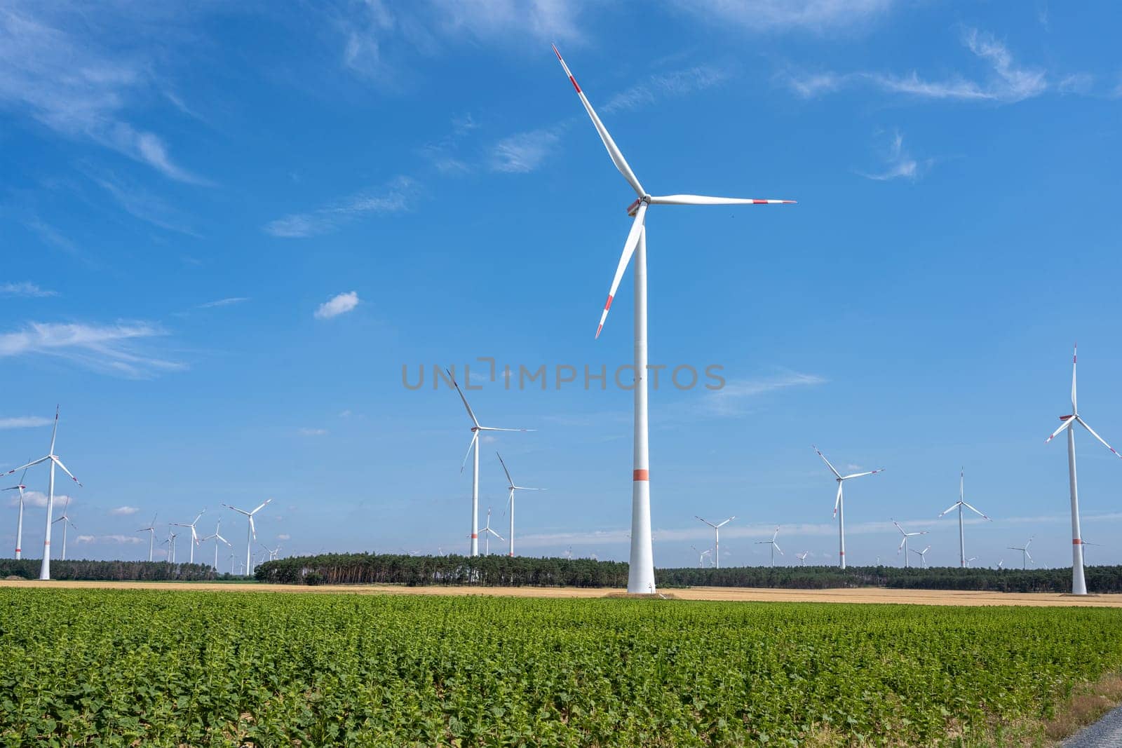Modern wind energy turbines with a blue sky in Germany