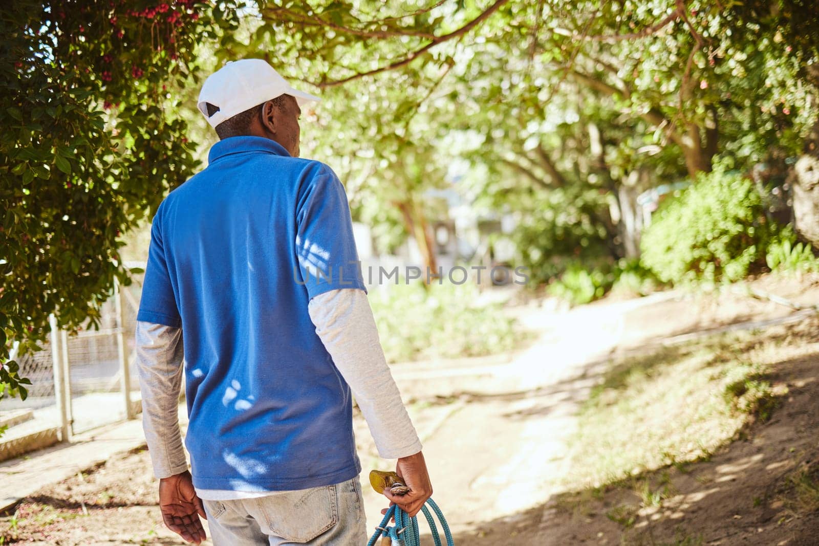 Outdoor animal shelter, cleaning and worker with hose walking in nature to clean for volunteer work. Community, charity and black man working at rescue center for dogs, animals and adoption of pets.
