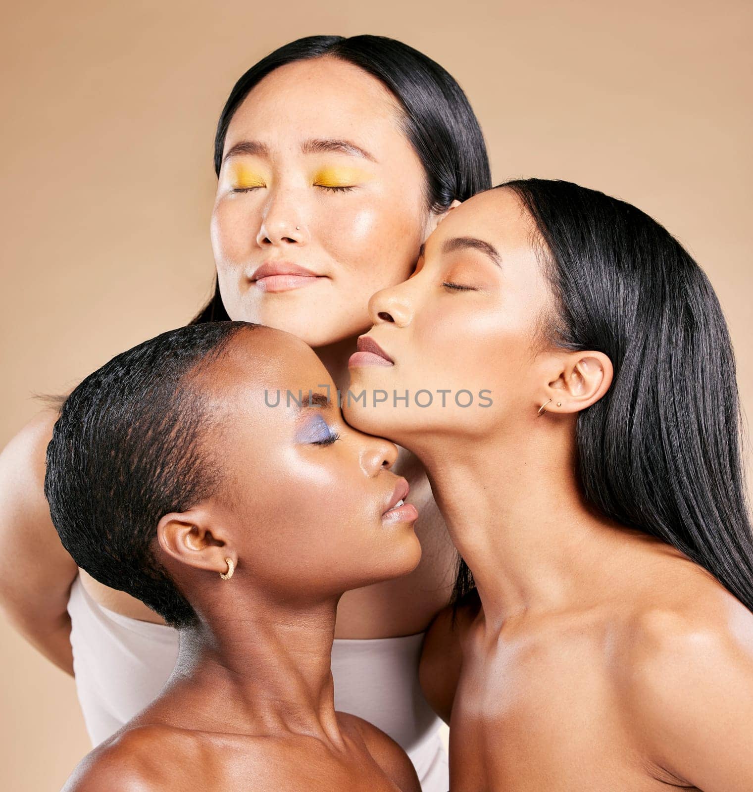 Face, skin and women in makeup with beauty, cosmetic glow with natural cosmetics isolated on studio background. Skincare, dermatology and wellness with shine, diversity and facial with self care.