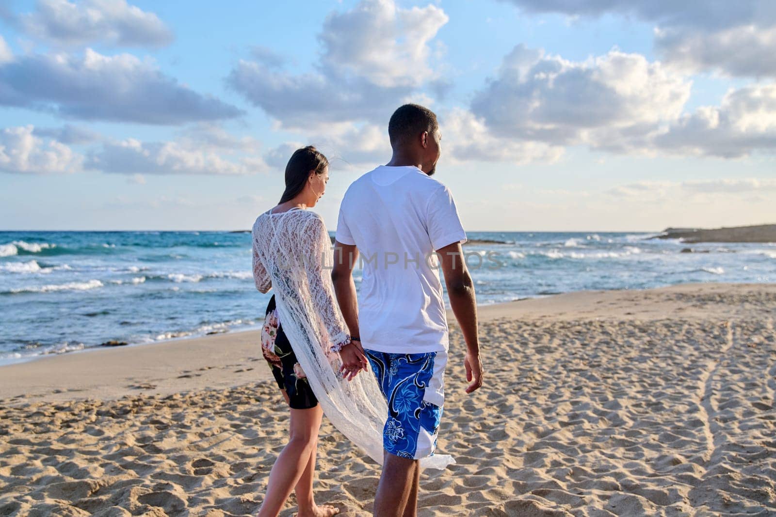 Young happy couple walking on the beach holding hands, back view. by VH-studio