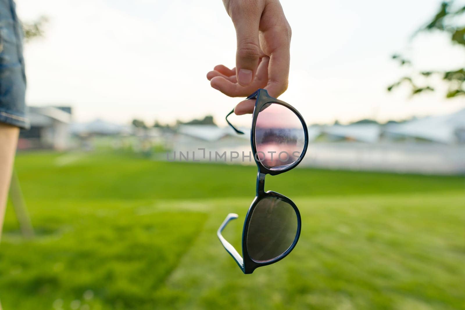 Sunglasses symbol of summer, background horizon with sunset, green lawn.