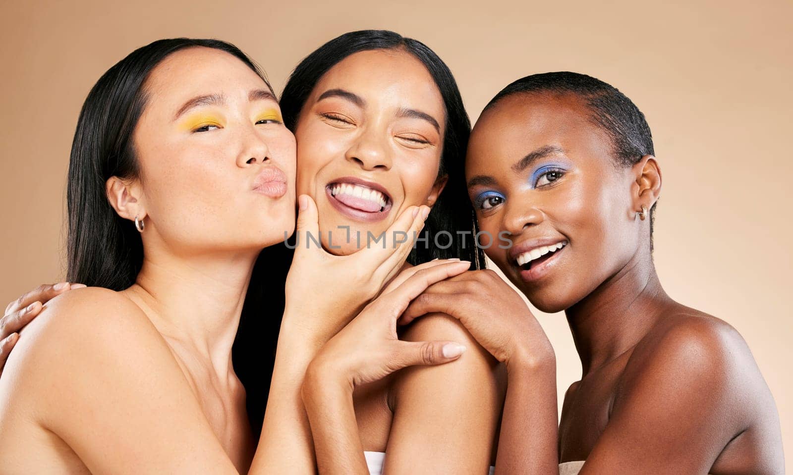 Happy women, portrait smile and face in beauty for skincare, cosmetics or makeup against a studio background. People, friends or models smiling in happiness or satisfaction for fun healthy treatment.