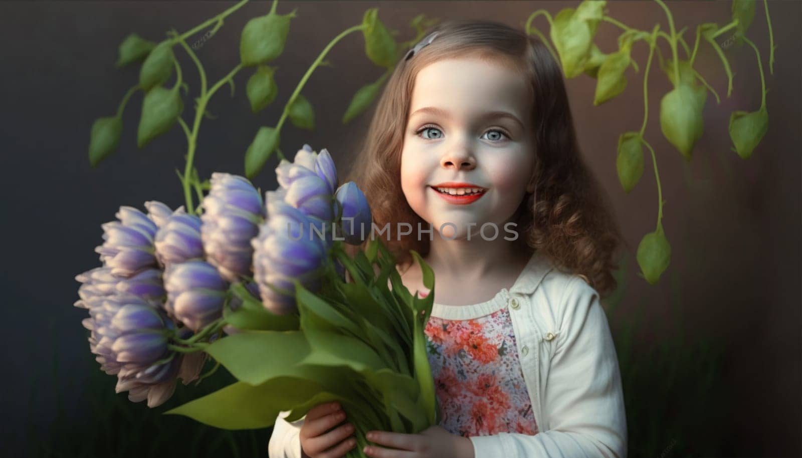 Beautiful young girl with a bunch of spring flowers, by milastokerpro