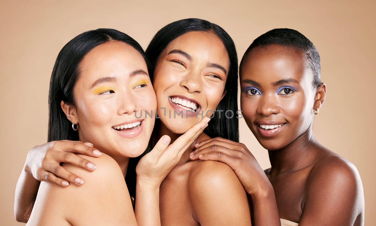 Diverse women, smile and face in beauty for skincare, cosmetics or makeup against studio background. Portrait of female friends or model smiling in happiness or satisfaction for fun healthy treatment by YuriArcurs