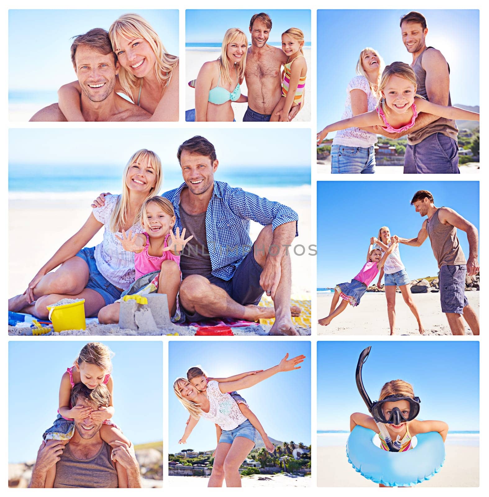 Playful on the beach. Composite image a family enjoying a day at the beach. by YuriArcurs