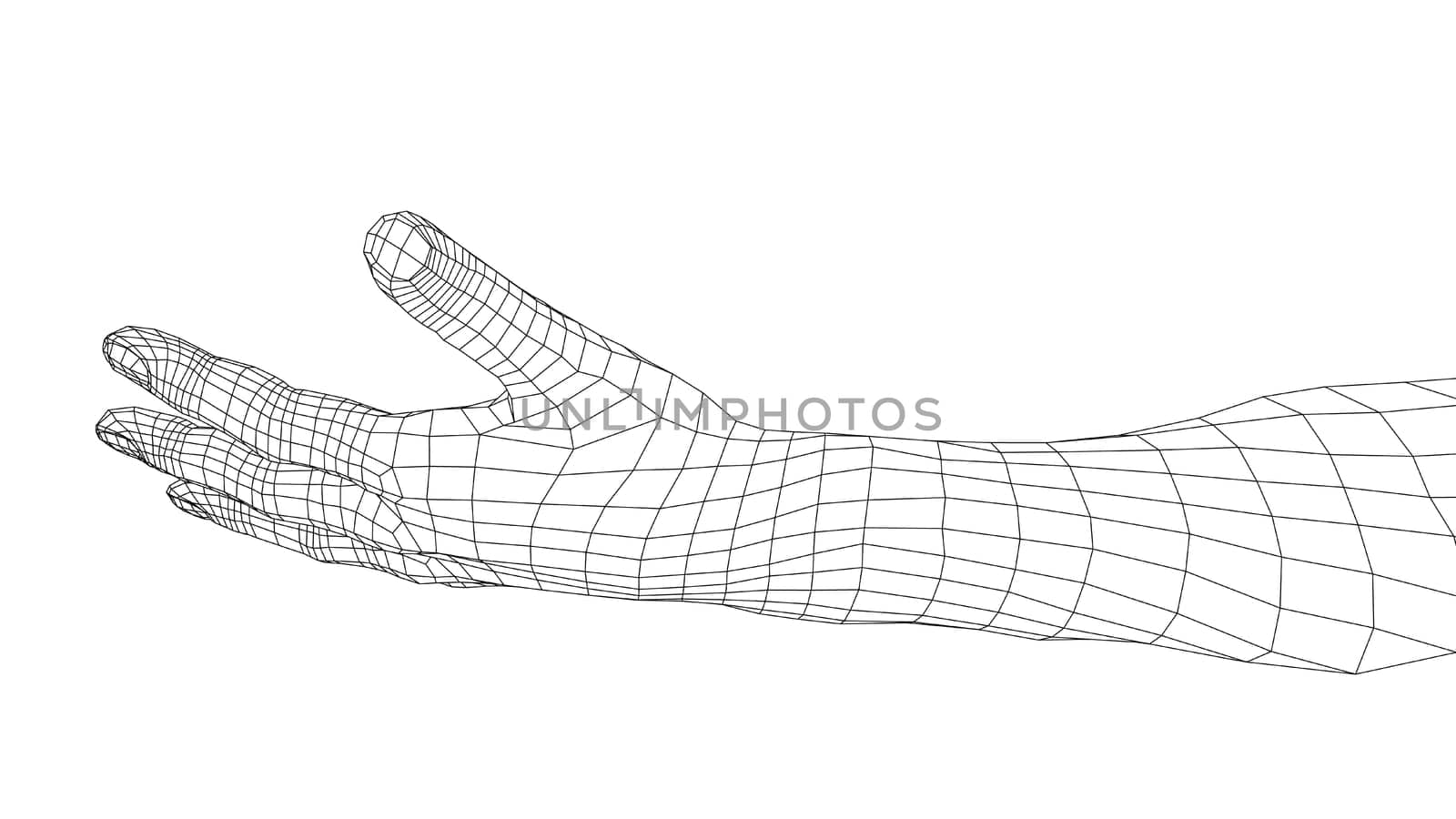 Open palm hand gesture of male hand. 3d illustration. Wire-frame style