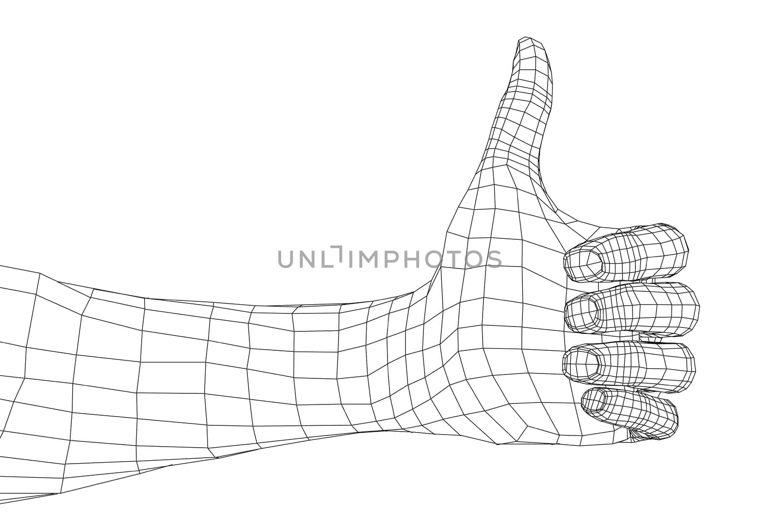 Thumb up hand sign on white. 3d illustration. Wire-frame style