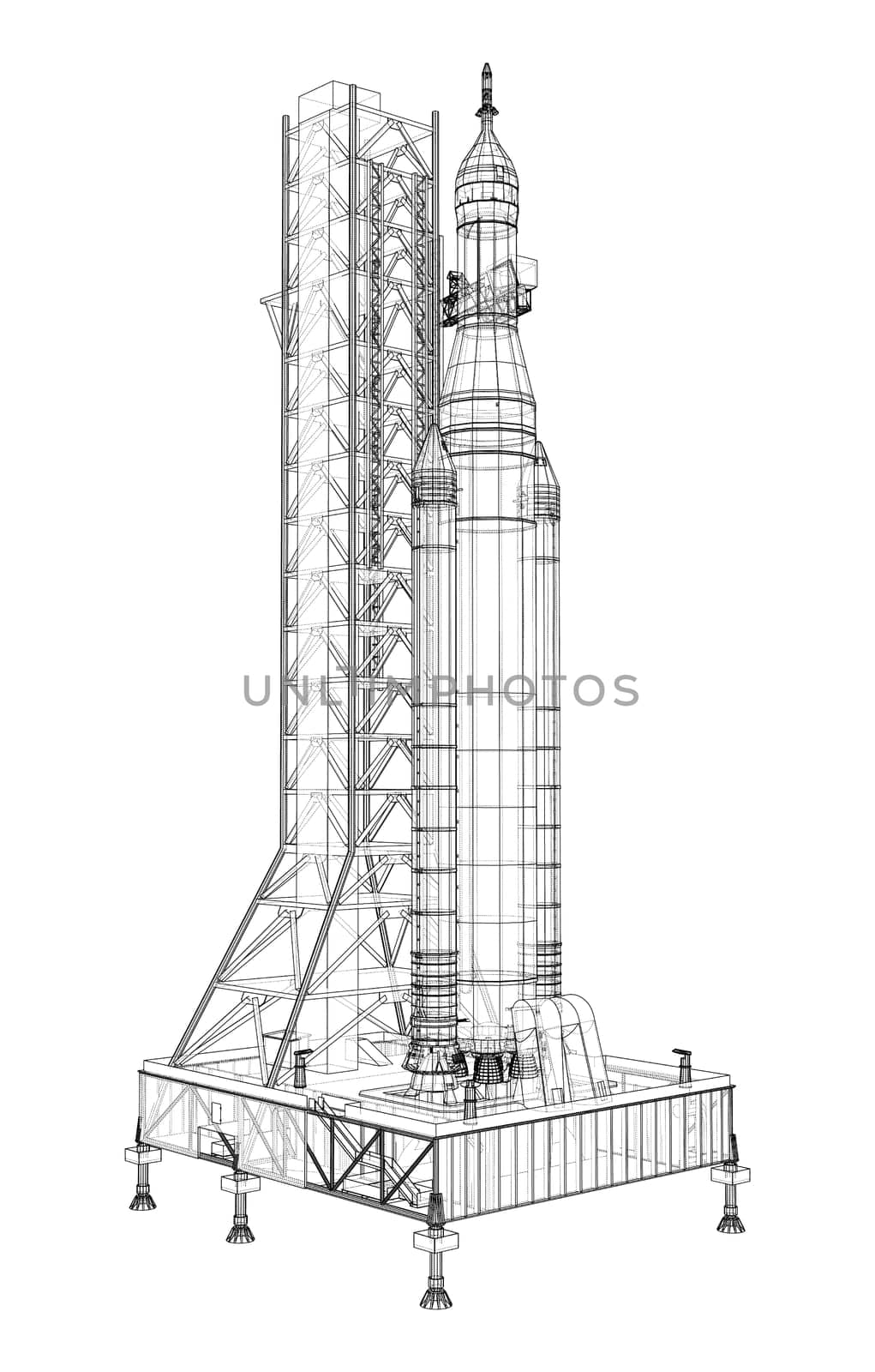 Space Rocket on launch pad. 3d illustration. Wire-frame style. Elements of this image furnished by NASA