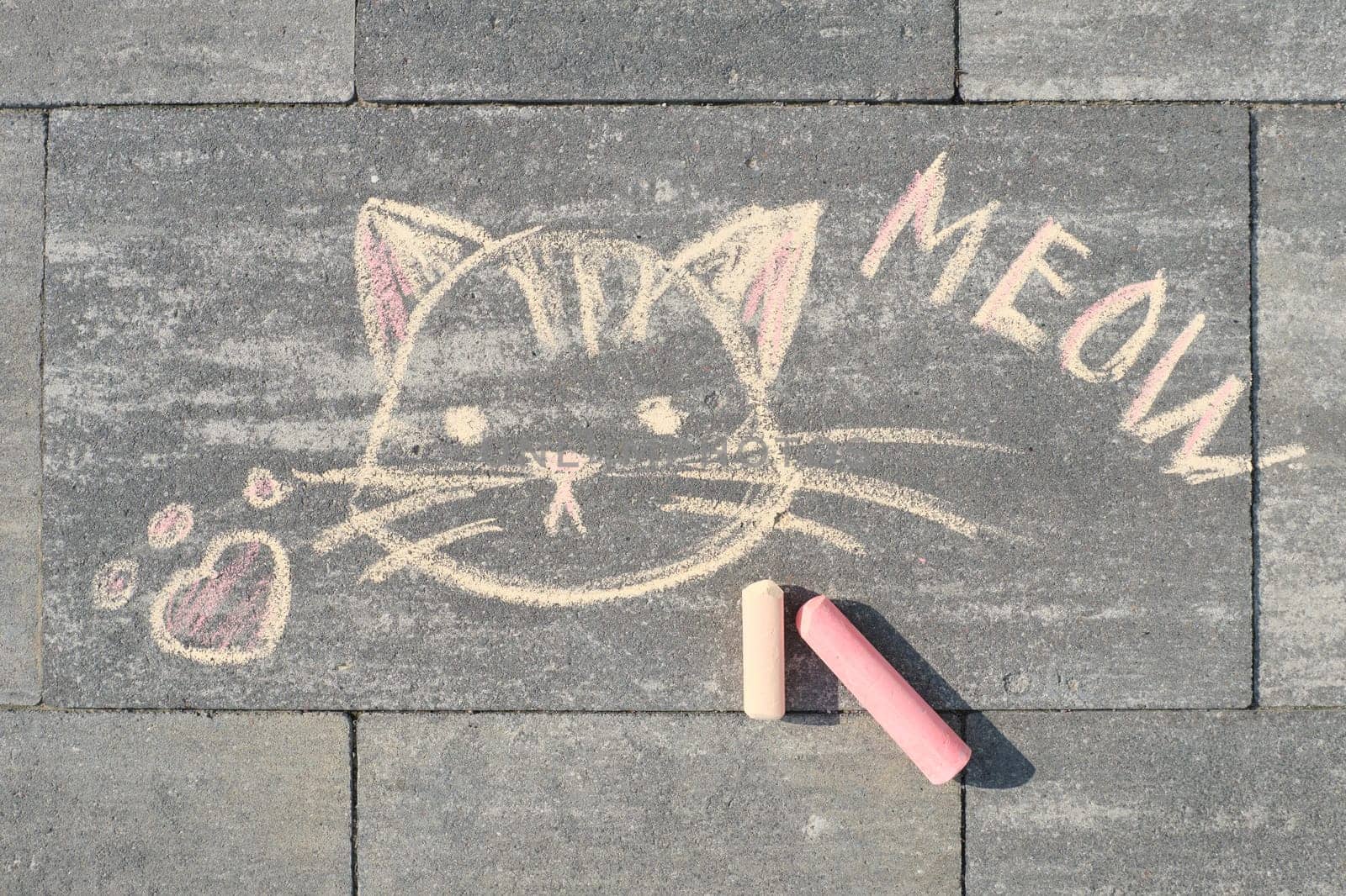 Meow text and cat picture written on gray sidewalk in crayons, top view